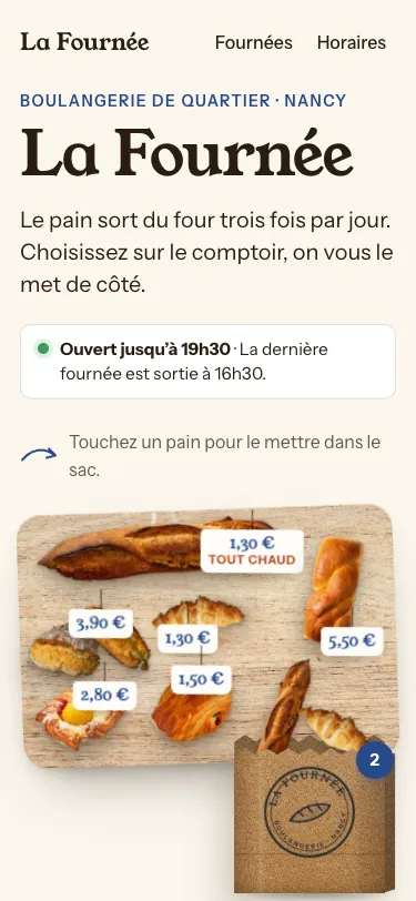 Démo d’une boulangerie, sur téléphone